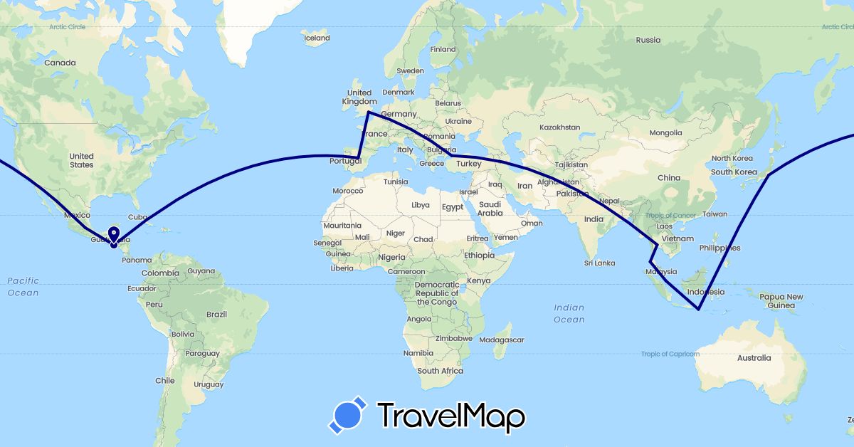 TravelMap itinerary: driving in Spain, United Kingdom, Indonesia, Japan, Mexico, Singapore, El Salvador, Thailand, Turkey (Asia, Europe, North America)